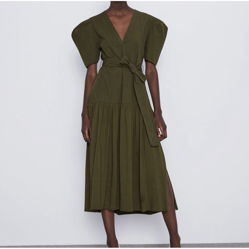 Zara Womens Olive Green Puff Sleeve V-Neck Midi‎ Cotton Poplin Dress Size S